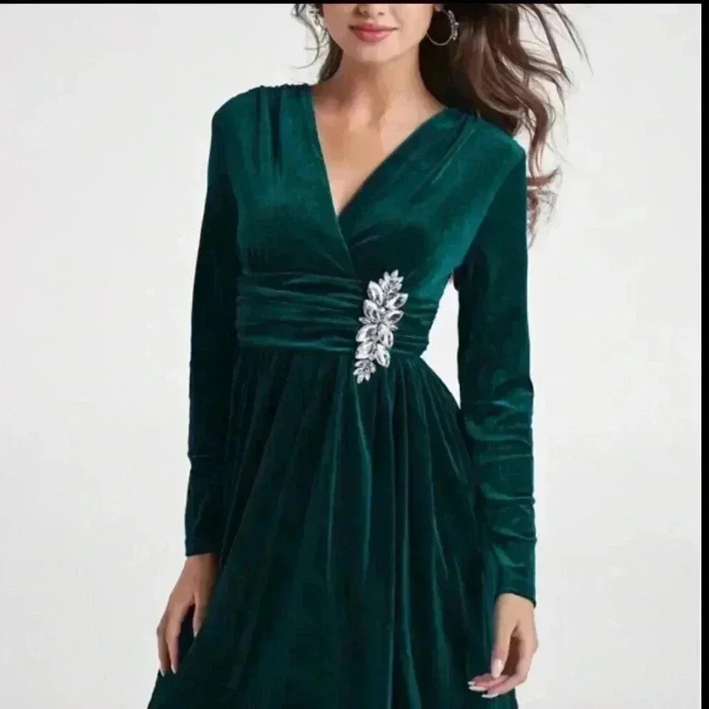 Deep Teal Long Sleeve Ruched Embellished Velvet Gown size small XL Medium large